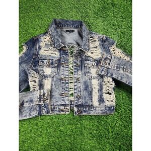 CHIQLE Jacket Womens S Blue Distressed Ripped Denim Cropped Button Casual